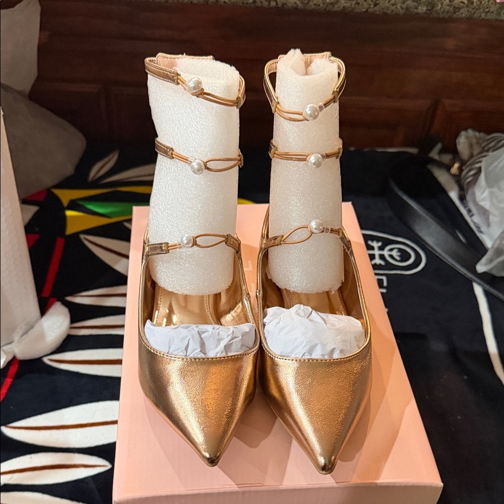 Glaze Metallic Gold Pointed-Toe Flats with Pearl-Strap Detail